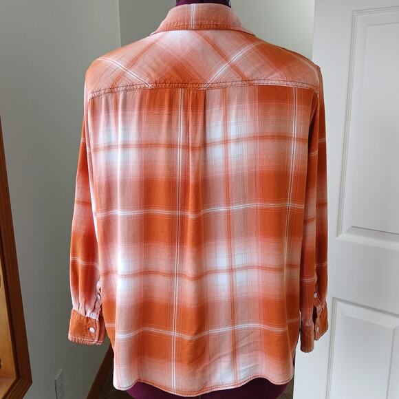 Ava & Viv Plaid Button Up Blouse 2X upcycle repaired orange long sleeve rayon - Picture 4 of 16